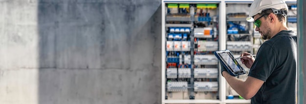 Free photo man an electrical technician working in a switchboard with fuses