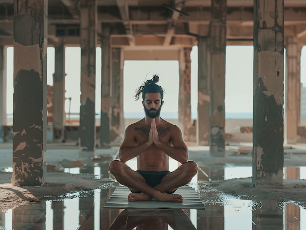 Free photo man in a fantasy setting practicing yoga and mindful meditation