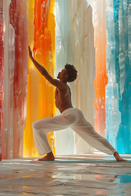 Man in a fantasy setting practicing yoga and mindful meditation