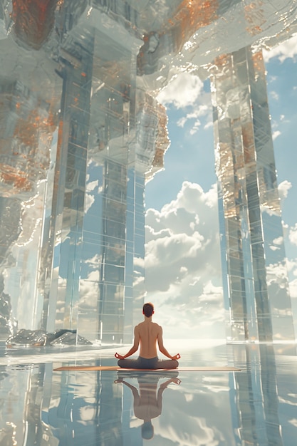 Free Photo man in a fantasy setting practicing yoga and mindful meditation