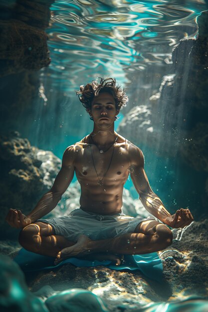 Man in a fantasy setting practicing yoga and mindful meditation