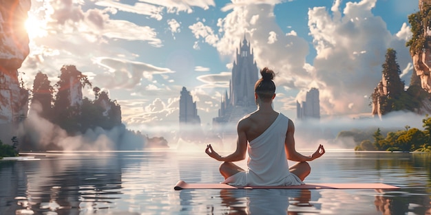 Free photo man in a fantasy setting practicing yoga and mindful meditation