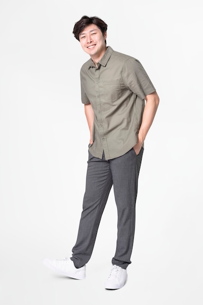 Man in gray shirt and pants casual wear fashion full body