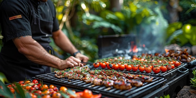 Free photo man grilling food in woods possibly sate kambing or shashlik enjoying nature