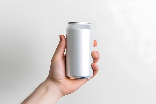 Free Photo a man holding a blank metal can on a white background