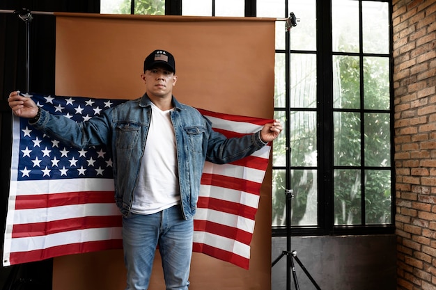 Man holding flag medium shot