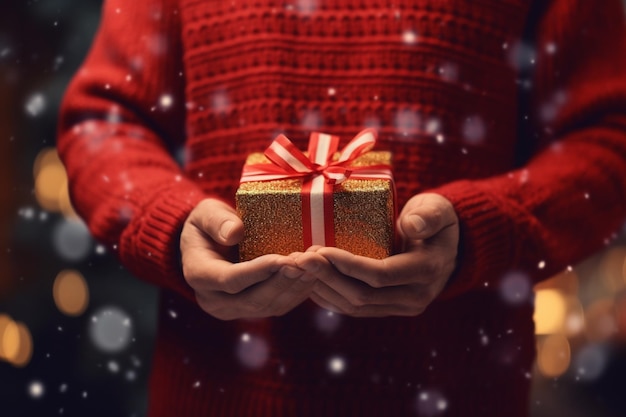 A man holding a giftbox wearing a warm sweater winters holidays