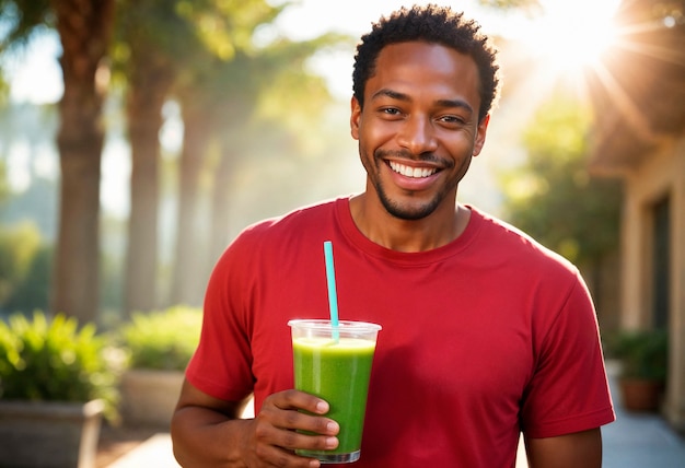 Man holding green smoothie