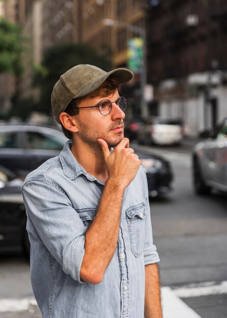 Man holding his hand under her chin