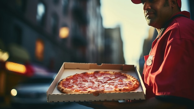 Free photo man holding new york city pizza box