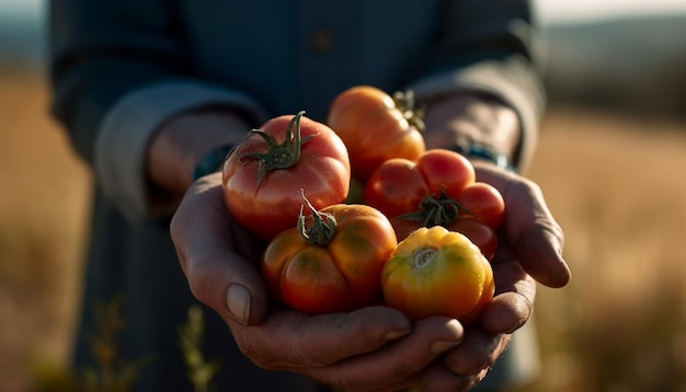 Man holding ripe tomato harvesting fresh produce generated by AI