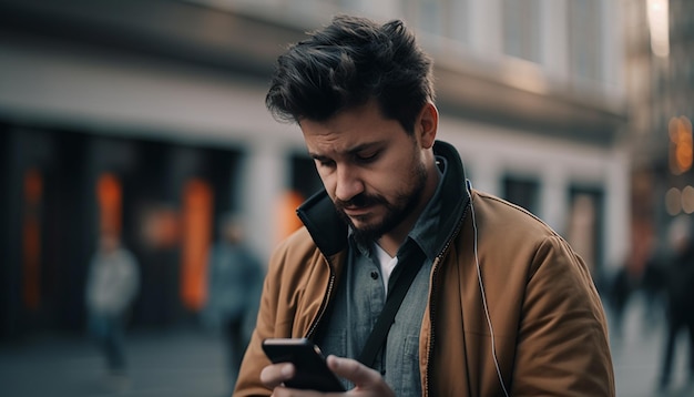 Free photo a man looking at his phone while wearing a brown jacket.