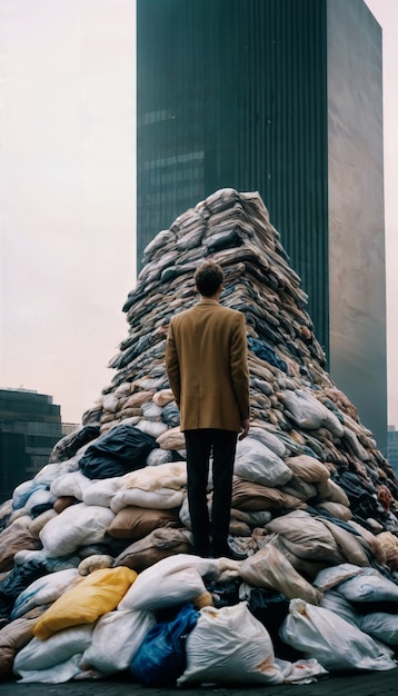 Man looking at the trash tower