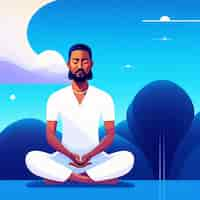 Free photo a man meditating in front of a blue background