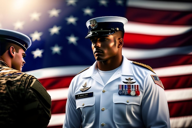 Free Photo a man in a military uniform stands in front of a flag.