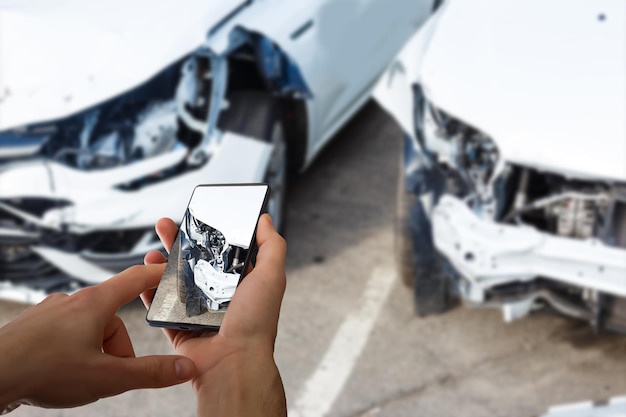 Free Photo man photographing his vehicle with damages for accident insurance with smart phone.