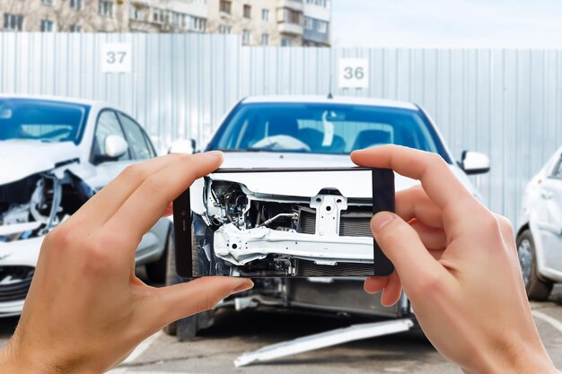 Man photographing his vehicle with damages for accident insurance with smart phone.