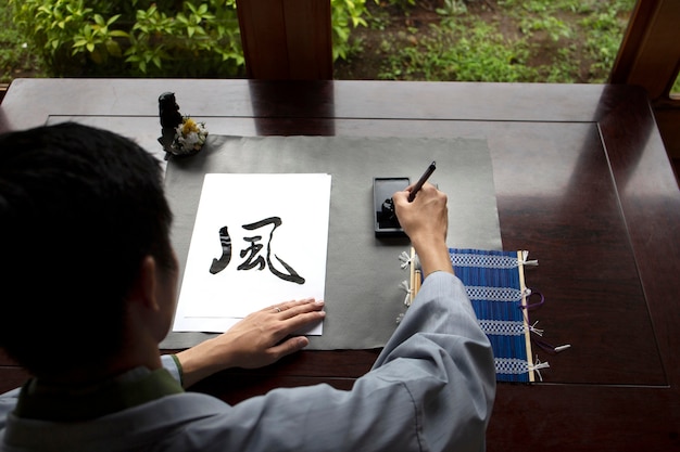 Man practicing japanese handwriting