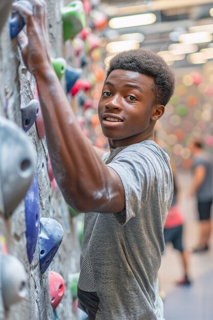 Man practicing rock climbing on bouldering wall for sports