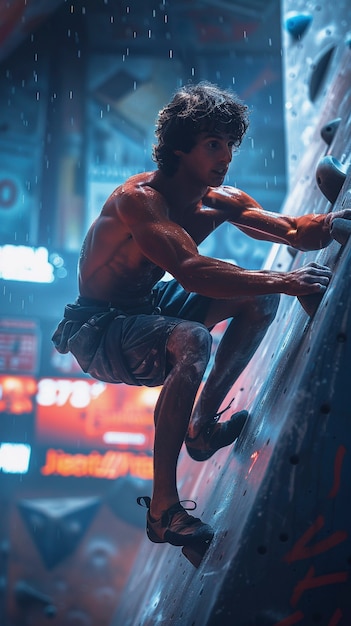 Man practicing rock climbing on bouldering wall for sports