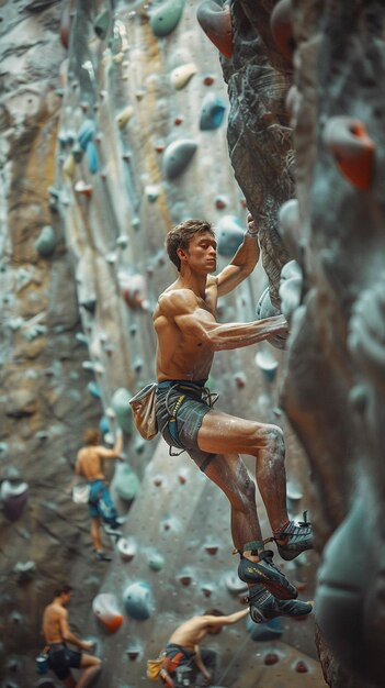 Man practicing rock climbing on bouldering wall for sports