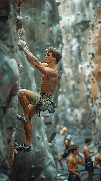 Man practicing rock climbing on bouldering wall for sports