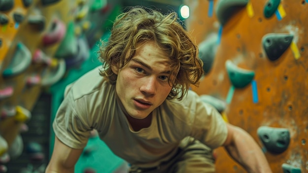 Free Photo man practicing rock climbing on bouldering wall for sports