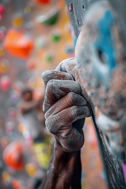 Man practicing rock climbing on bouldering wall for sports