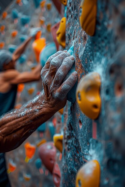 Man practicing rock climbing on bouldering wall for sports