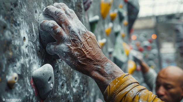 Free photo man practicing rock climbing on bouldering wall for sports