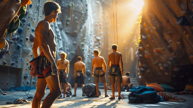 Man practicing rock climbing on bouldering wall for sports