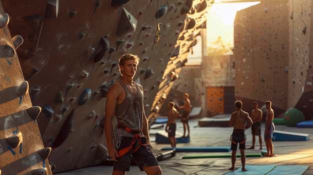 Free Photo man practicing rock climbing on bouldering wall for sports