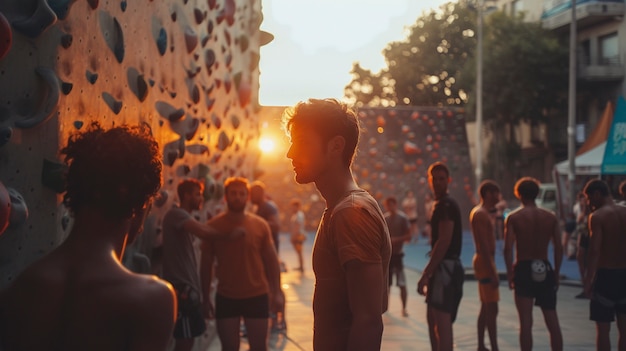 Free photo man practicing rock climbing on bouldering wall for sports