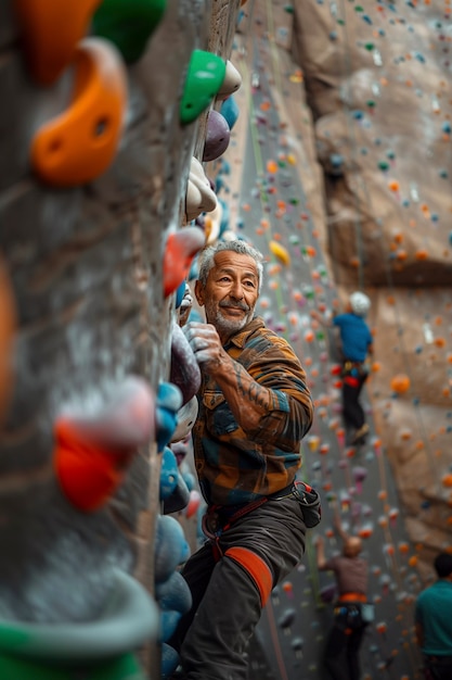 Free Photo man practicing rock climbing on bouldering wall for sports