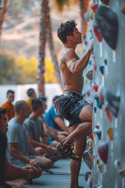 Free photo man practicing rock climbing on bouldering wall for sports