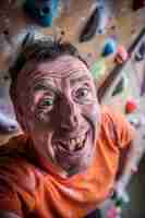 Free photo man practicing rock climbing on bouldering wall for sports