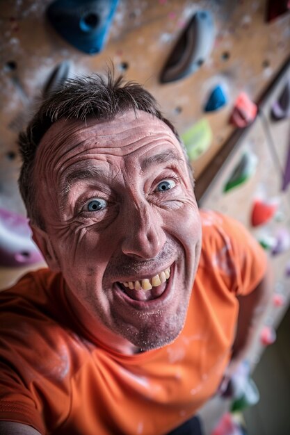 Man practicing rock climbing on bouldering wall for sports