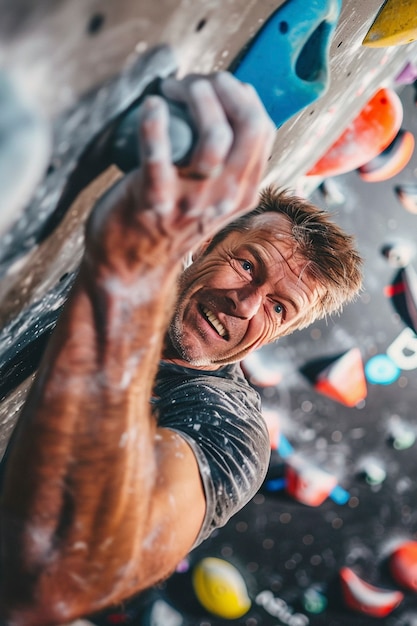 Free Photo man practicing rock climbing on bouldering wall for sports