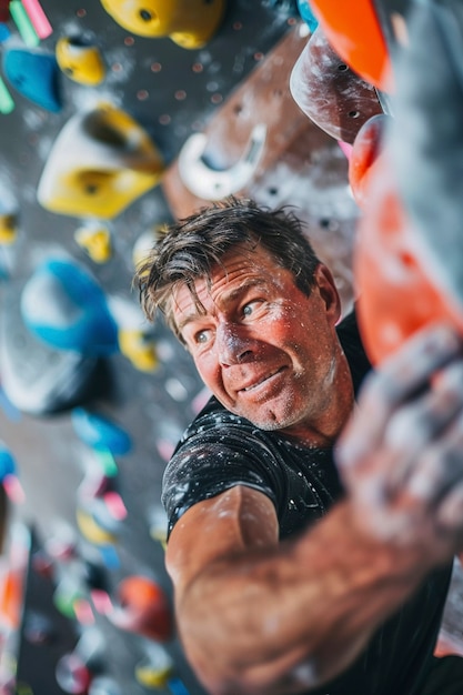 Free photo man practicing rock climbing on bouldering wall for sports