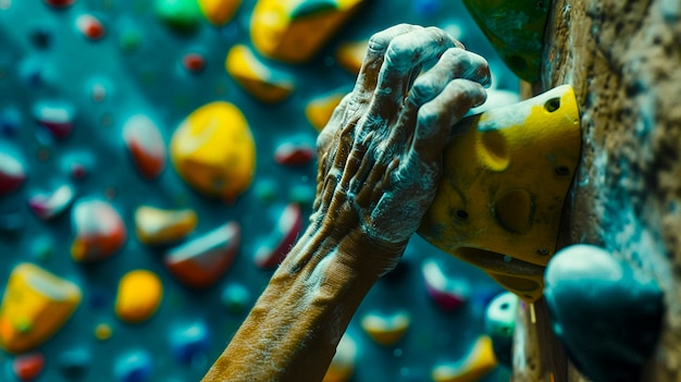 Man practicing rock climbing on bouldering wall for sports