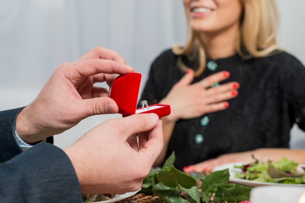 Free photo man presenting gift box with ring to surprised woman at table