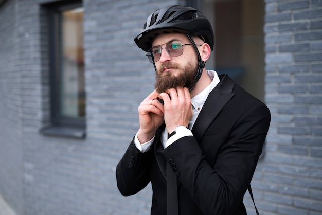 Man putting on helmet side view