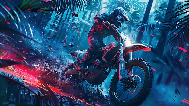 Free Photo man  racing dirt bike in fantasy environment