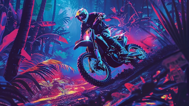 Free Photo man  racing dirt bike in fantasy environment