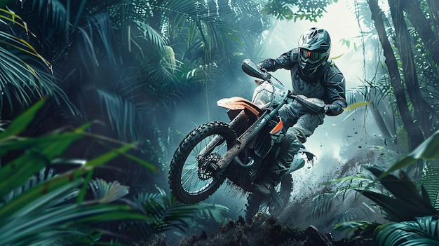 Free Photo man  racing dirt bike in fantasy environment