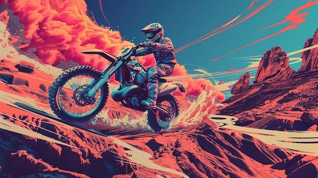 Free photo man  racing dirt bike in fantasy environment