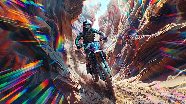 Free photo man  racing dirt bike in fantasy environment