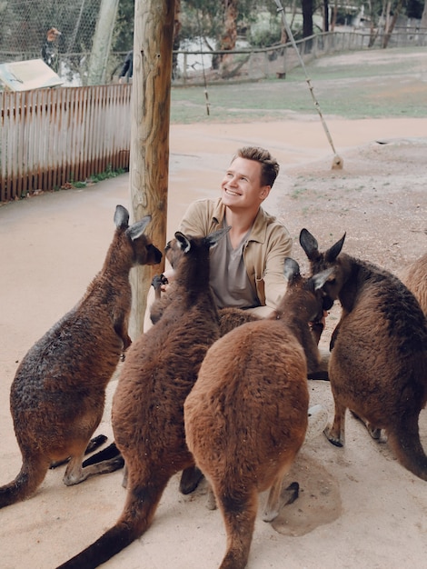 Free photo man in the reserve is playing with a kangaroo