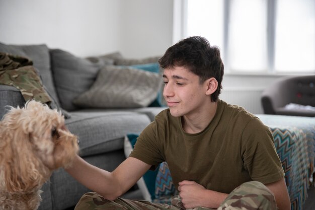 Man saying godbye to his dog