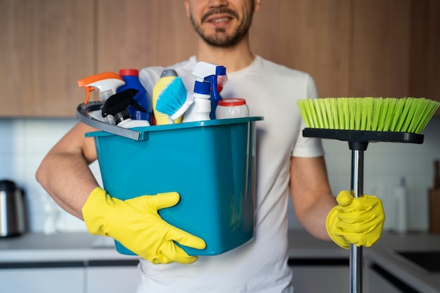 Man servant doing chores around the house